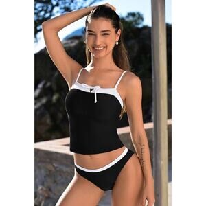 NEW CUPSHE Square Neck Bow Tankini Top & Standard Rise Bottoms Set SIZE L